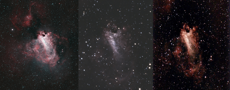 Comparisons of telescope images of the Omega (aka Swan) Nebula. On the left is an approximately $4,000 telescope setup including an off-the-shelf refracting telescope, tracking mount, a camera, a cheap laptop, and stacking software. At the center is the Bellavia Mini. On the right is Stellina.